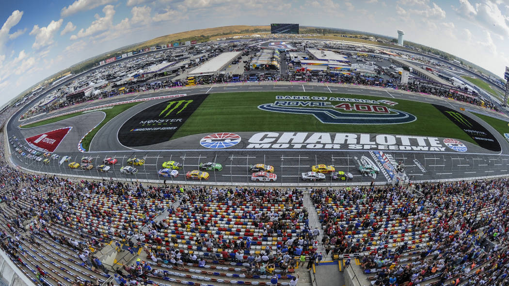 William Byron (24) leads the field to the start of a NASCAR Cup Series auto race at Charlotte M ...