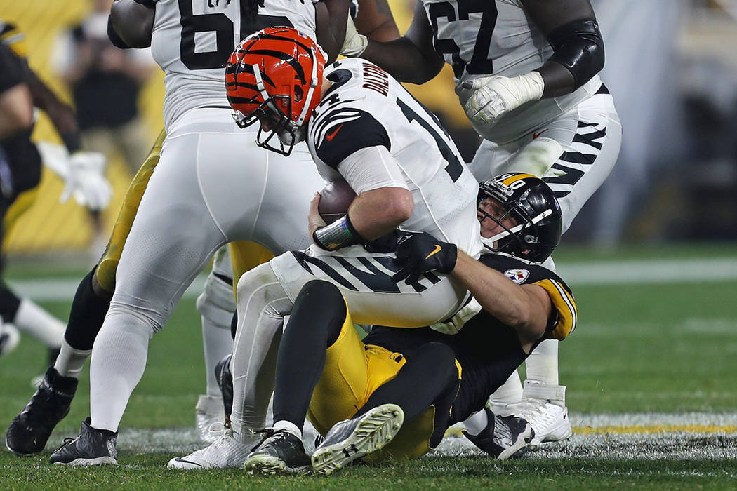 Pittsburgh Steelers inside linebacker Mark Barron (26) celebrates his interception in the end z ...