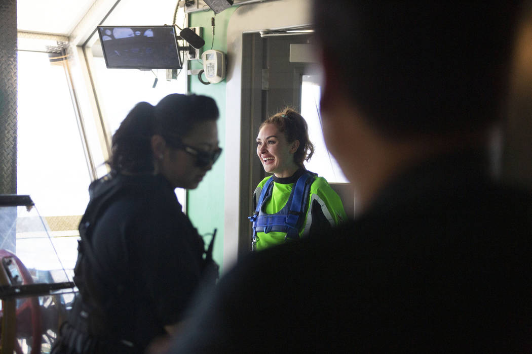 Annie Woolley, England, gets prepared to SkyJump at the Strat in Las Vegas in Las Vegas, Thursd ...