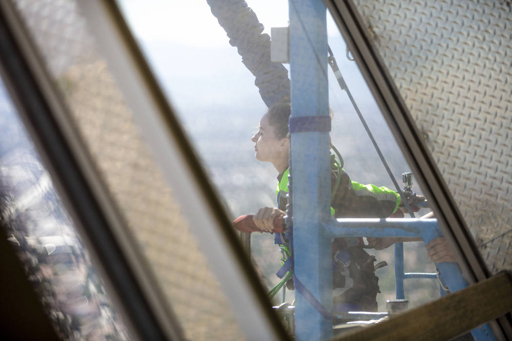 Annie Woolley, England, prepares to SkyJump at the Strat in Las Vegas in Las Vegas, Thursday, A ...