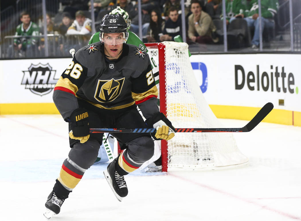 Golden Knights center Paul Stastny (26) chases after the puck during the second period of an NH ...