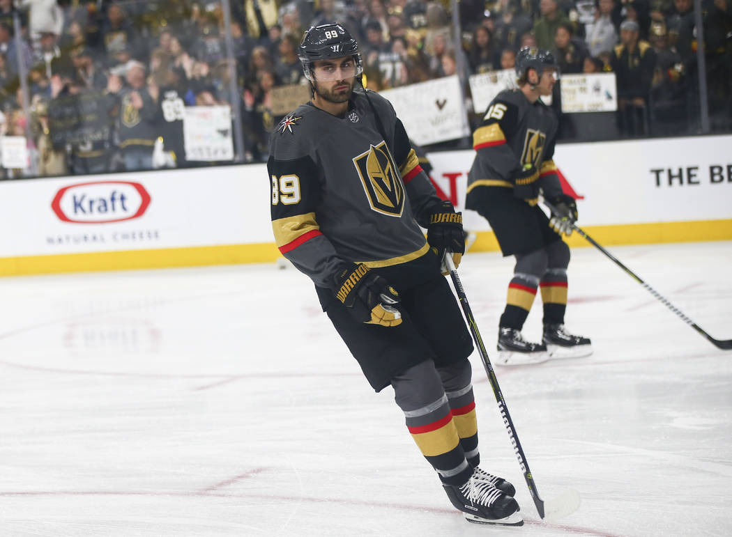 Golden Knights right wing Alex Tuch (89) skates on the ice during warmups before the start of G ...