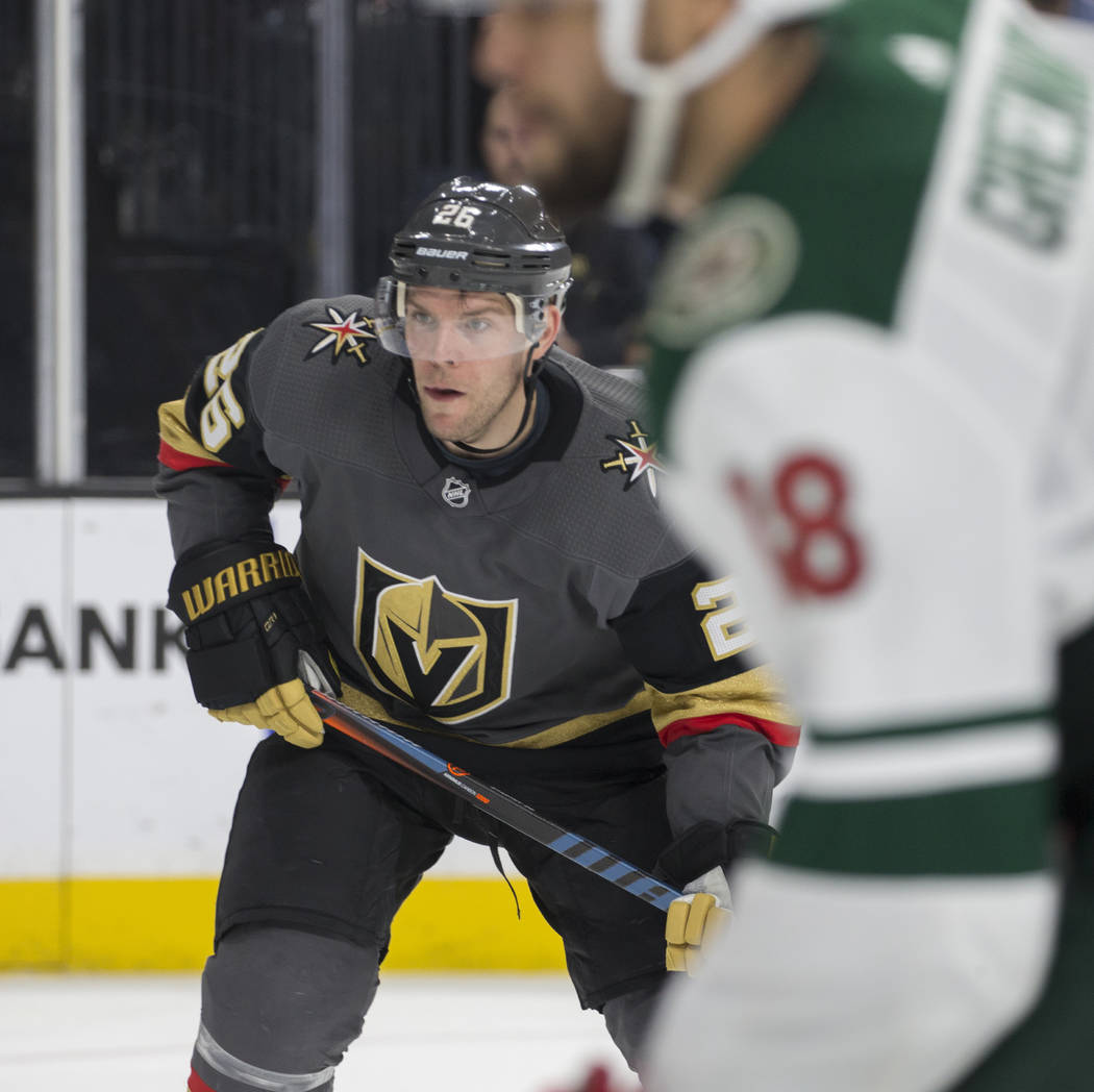 Golden Knights center Paul Stastny (26) on Friday, March 29, 2019, at T-Mobile Arena, in Las Ve ...