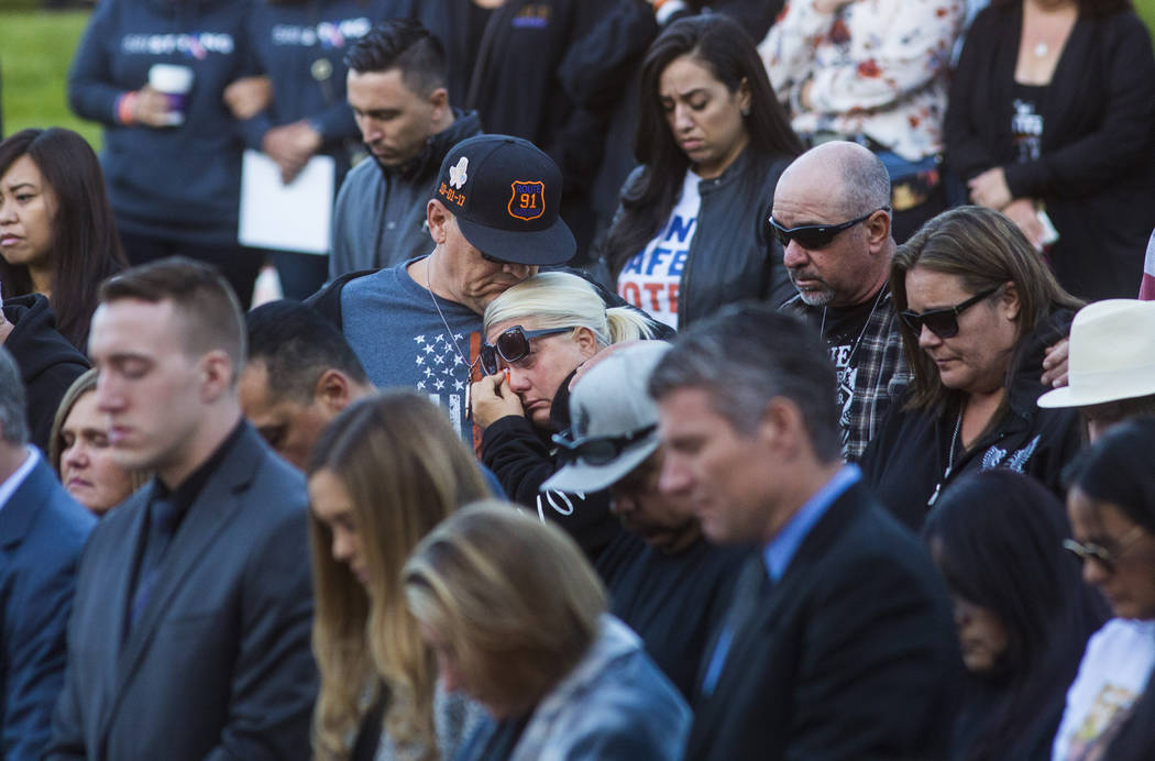 Route 91 Harvest festival survivors Pete Crozer and Michele Crozer, center, of Riverside, Calif ...