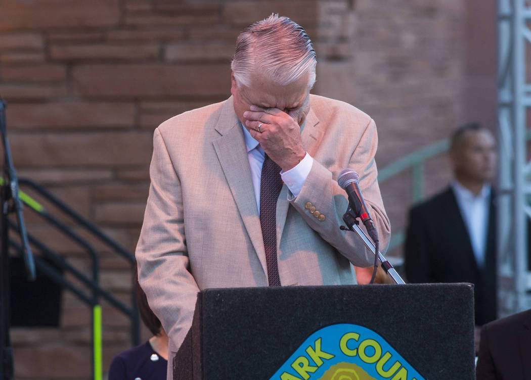 Gov. Steve Sisolak reacts while speaking during a sunrise ceremony at the Clark County Governme ...