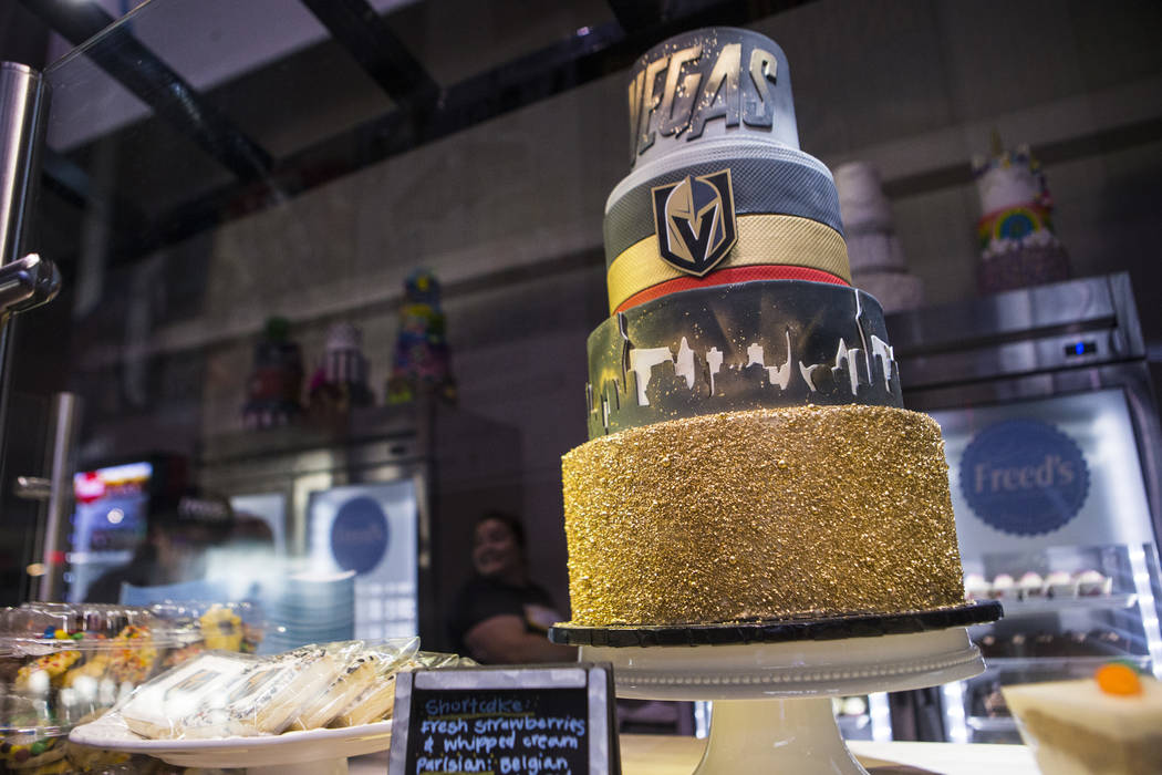 A cake on display at Freed's Bakery before the start of a Golden Knights NHL hockey game agains ...