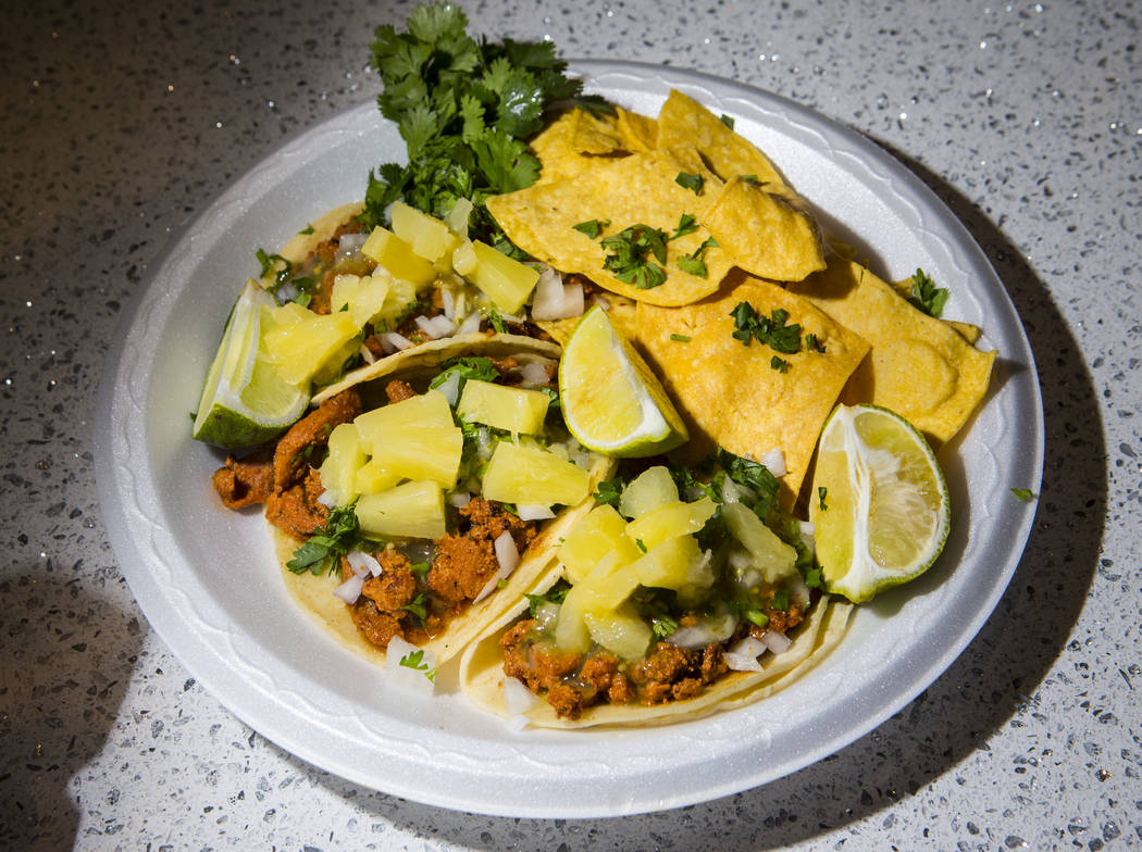 A trio of tacos from Latin Fusion Grill is seen before the start of a Golden Knights NHL hockey ...