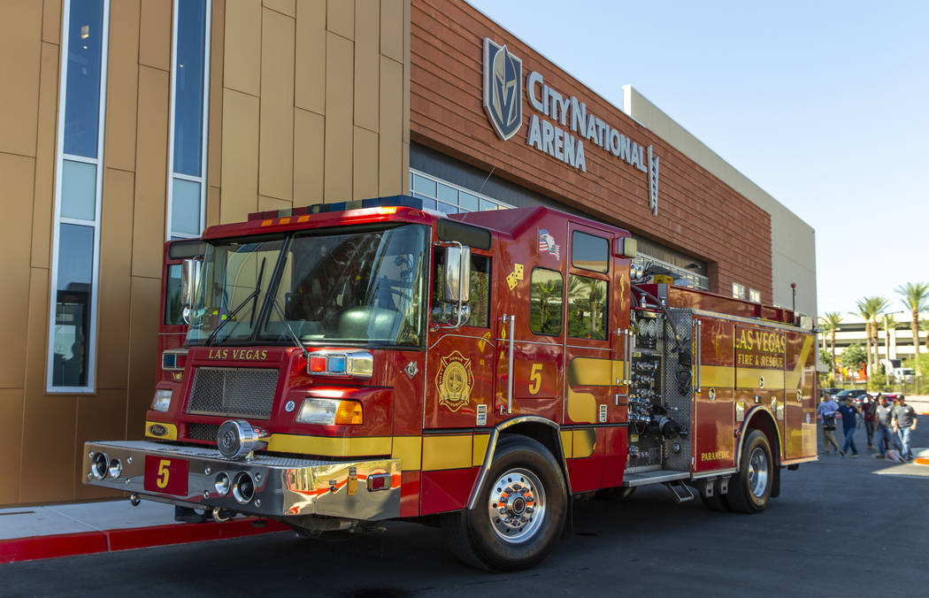 A Las Vegas Fire truck is parked outside City National Arena as the Vegas Golden Knights honor ...