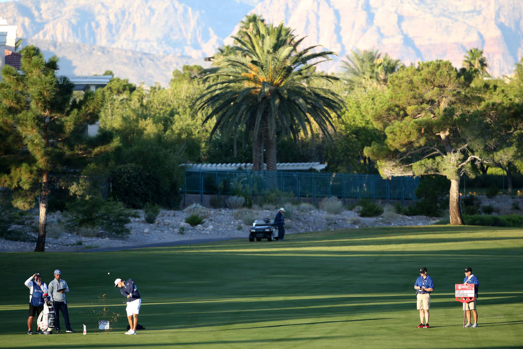 Bryson DeChambeau hits on the 11th fairway during the Shriners Hospitals for Children Open Pro- ...