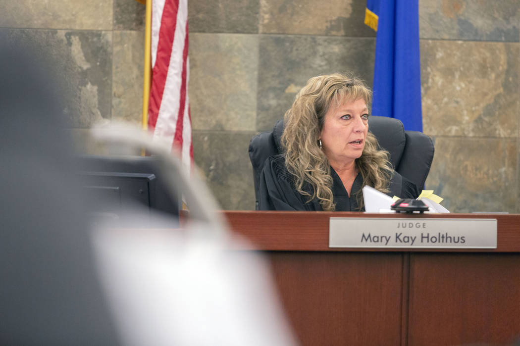 Judge Mary Kay Holthus speaks during Gigi Mitchell's sentencing at the Regional Justice Center ...