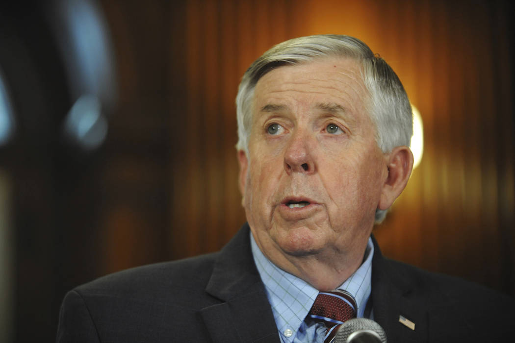 FILE - In this May 29, 2019 file photo, Missouri Gov. Mike Parson addresses the media during a ...