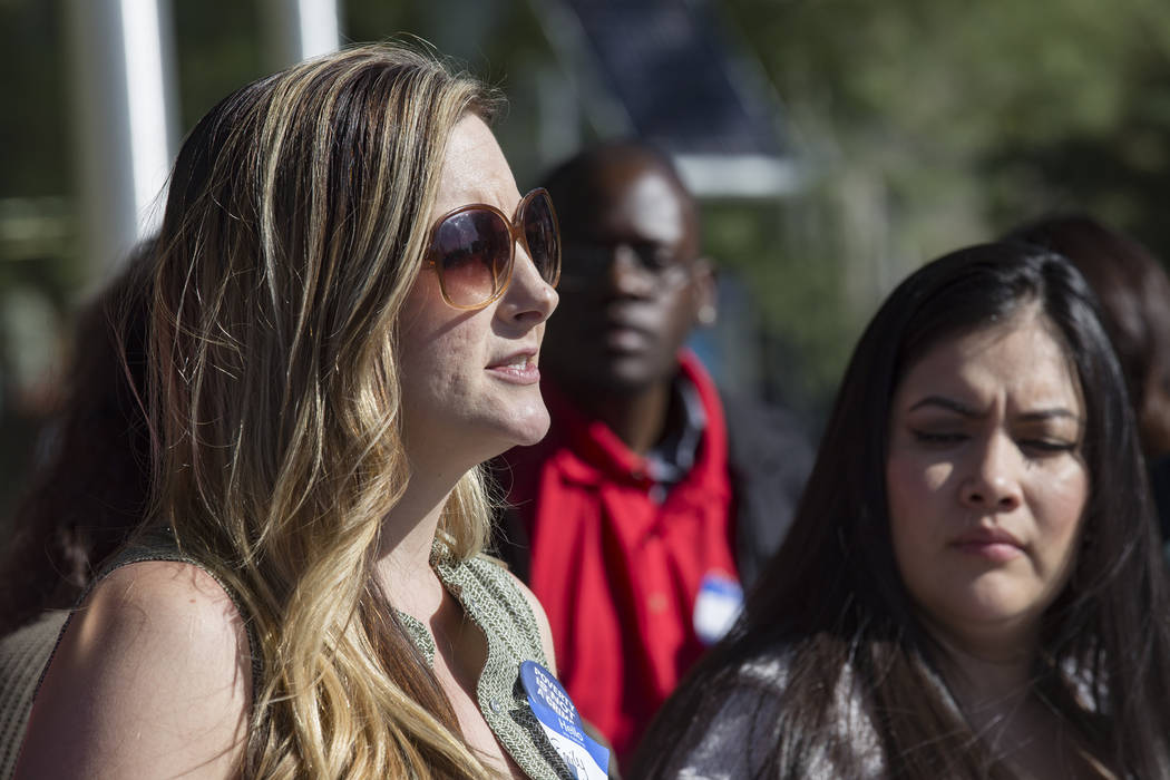 Emily Paulsen, executive director of the Nevada Homeless Alliance, addresses the media at a pro ...