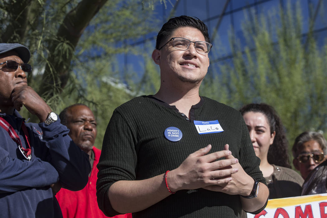 LaLo Montoya, political director of Make The Road Nevada, addresses the media at a protest agai ...