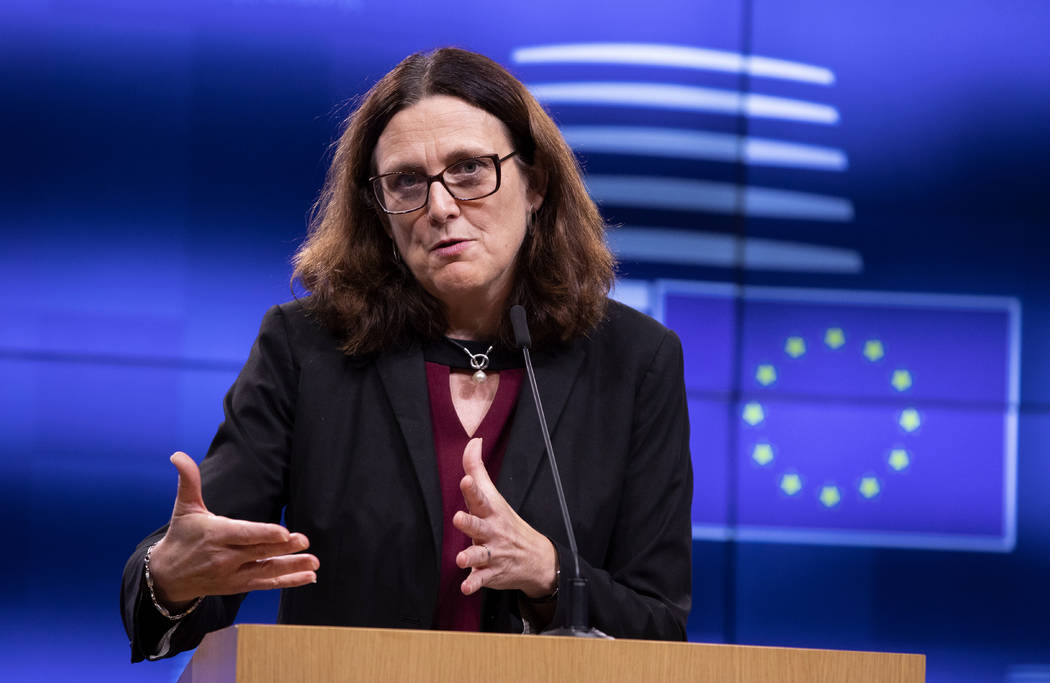 European Commissioner for Trade Cecilia Malmstrom speaks during a media conference after an inf ...