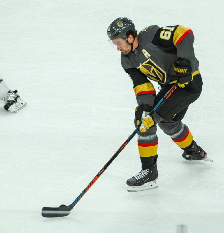 Vegas Golden Knights right wing Mark Stone (61) drives with the push versus the San Jose Sharks ...