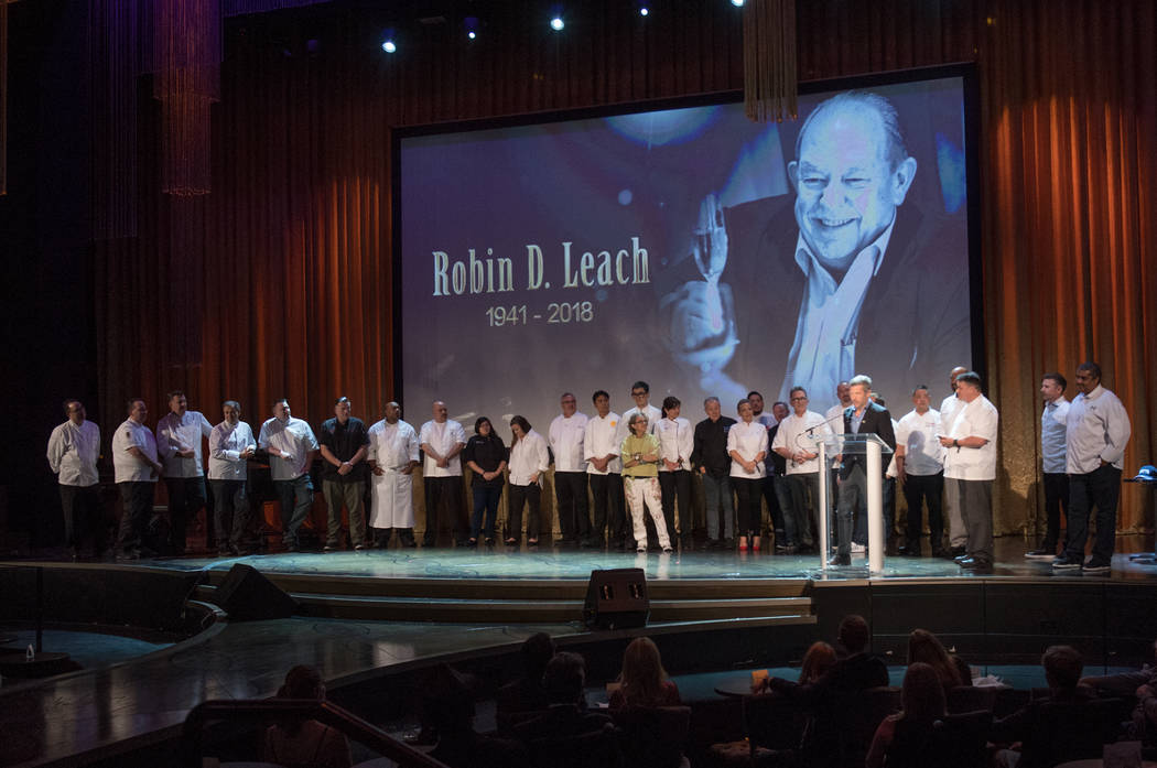 A lineup of star chefs is shown onstage during Robin Leach's celebration of life at Palazzo The ...
