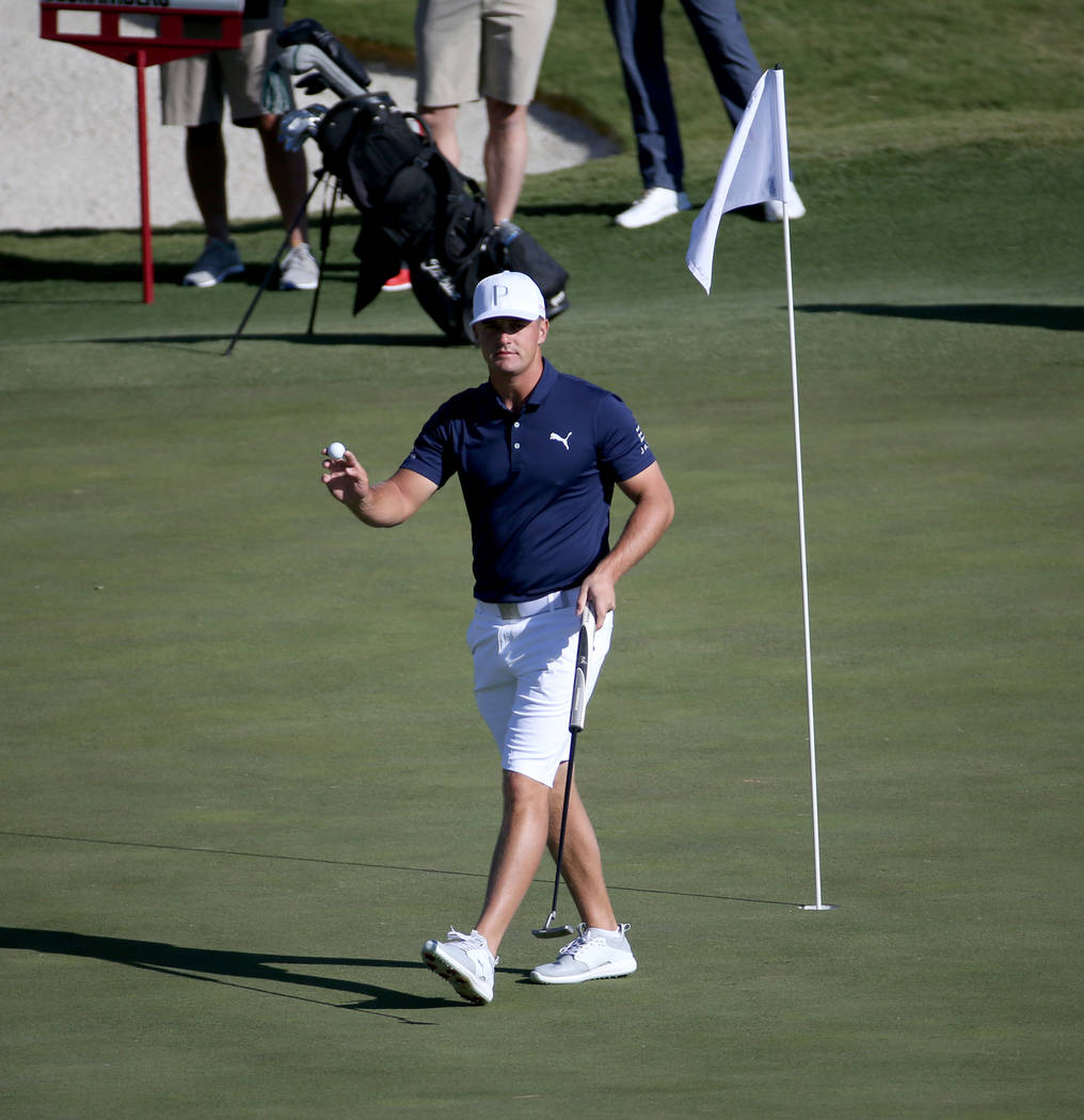 Bryson DeChambeau acknowledges the crowd on the 18th green during the Shriners Hospitals for Ch ...
