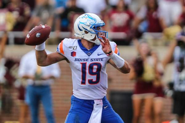 Boise State quarterback Hank Bachmeier (19) throws a pass during the second half of an NCAA foo ...