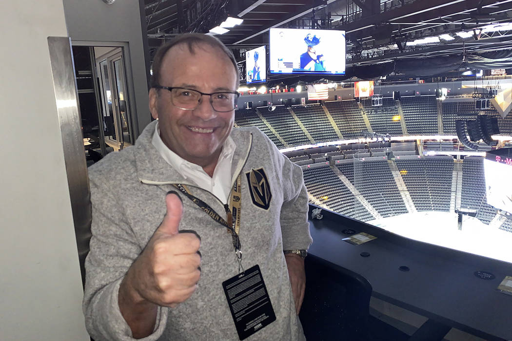 Vegas Golden Knights PA announcer Bruce Cusick, shown at T-Mobile Arena on Wednesday, Oct. 2, 2 ...