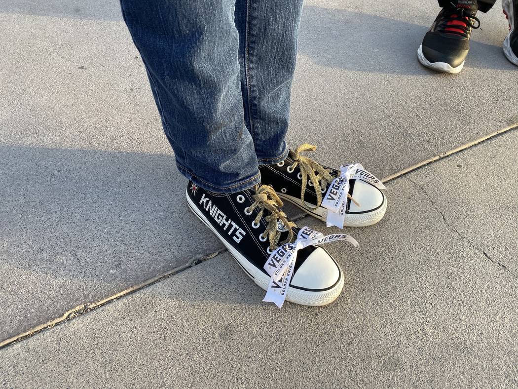 Vegas Golden Knight sneakers are shown at Toshiba Square outside T-Mobile Arena on Wednesday, O ...