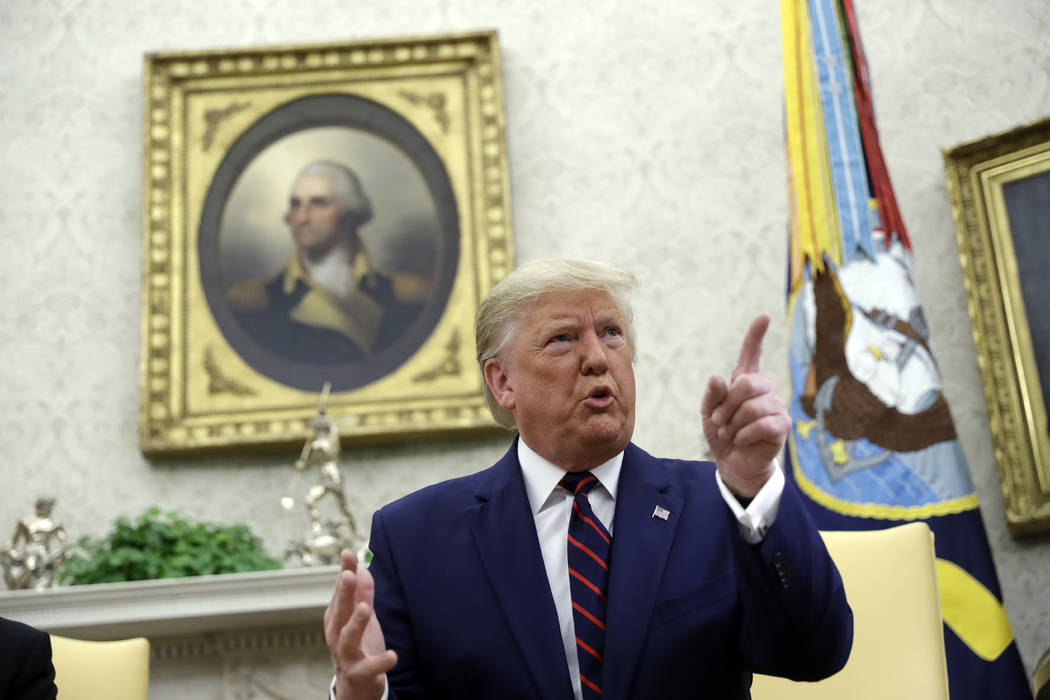 President Donald Trump speaks during a meeting with Finnish President Sauli Niinisto in the Ova ...