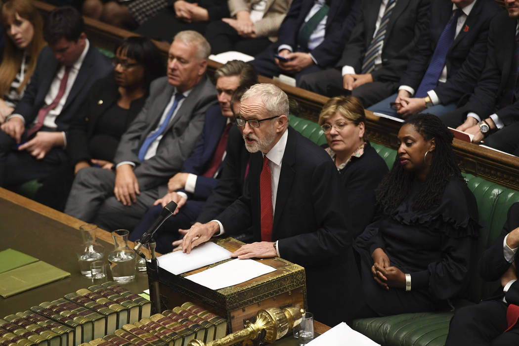 In this handout photo provided by the House of Commons, leader of Britain's Labour party Jeremy ...
