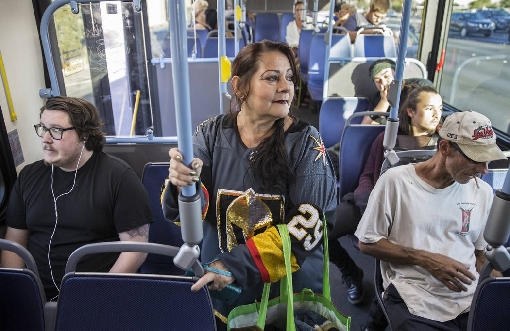 Elena Leger rides an RTC bus to Toshiba Plaza to watch the Vegas Golden Knights season opener a ...