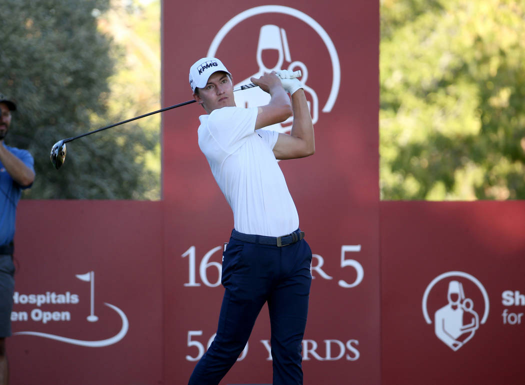 Maverick McNealy of Las Vegas watches his tee shot on the 16th hole during Shriners Hospitals f ...