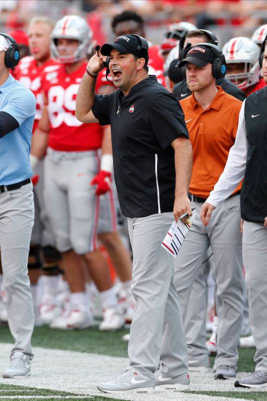 Ohio State head coach Ryan Day shouts to his team against Miami (Ohio) during the first half of ...