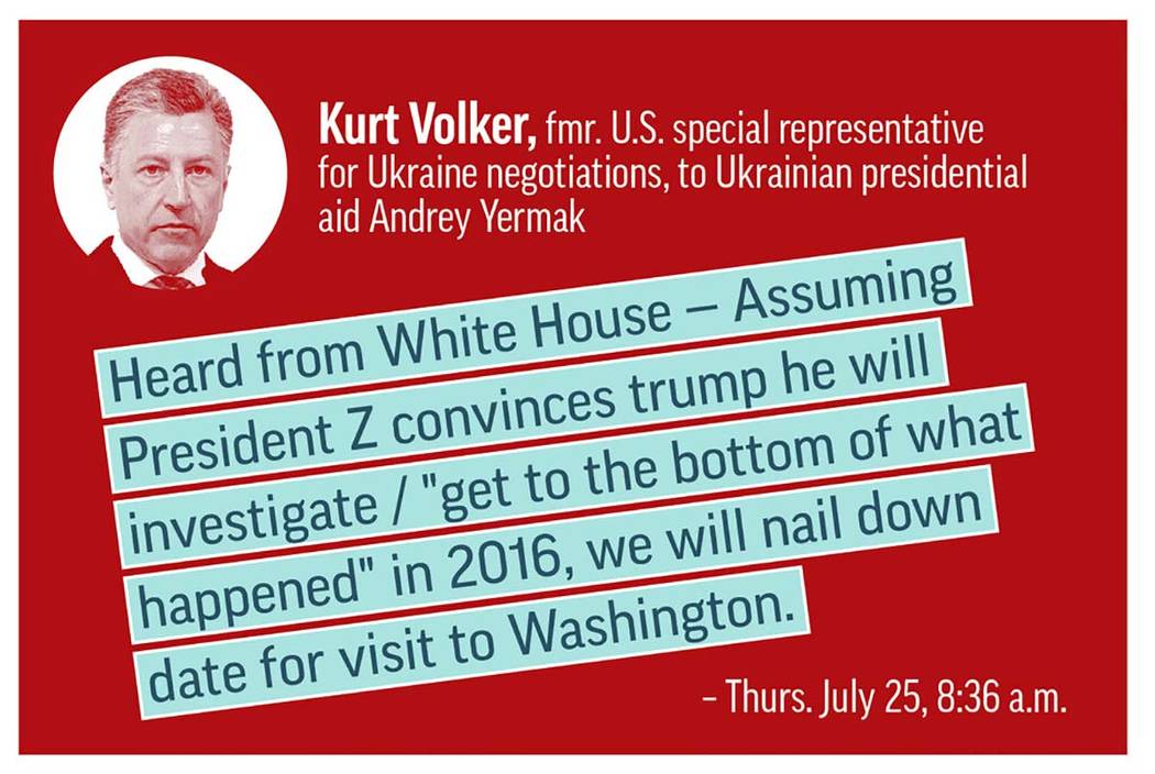 Graphic illustration highlights a text quote between U.S. special representative Kurt Volker an ...