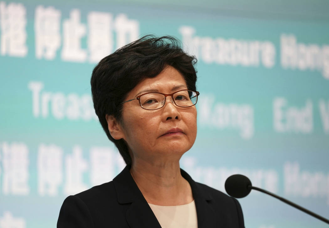 Hong Kong Chief Executive Carrie Lam speaks during a press conference in Hong Kong Friday, Oct. ...