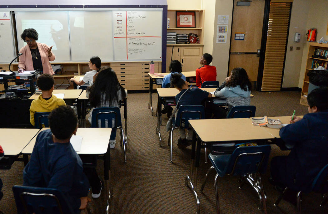 A sixth grade classroom studies math at Democracy Prep in Las Vegas, Tuesday, Jan. 22, 2019. Ca ...