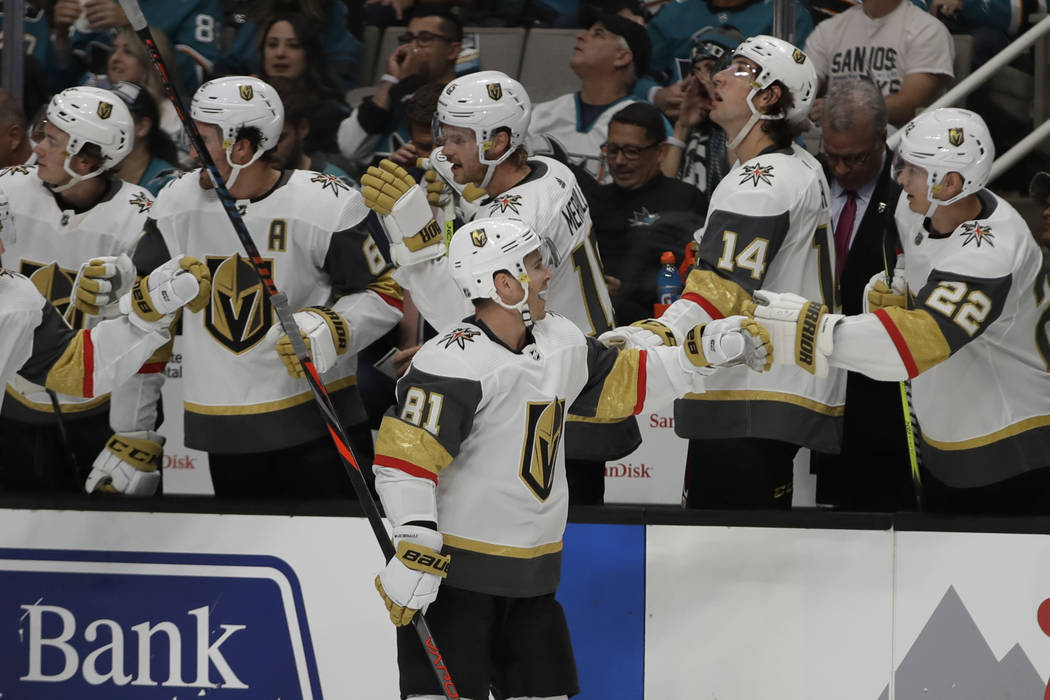 Vegas Golden Knights' Jonathan Marchessault (81) is congratulated after scoring a goal against ...