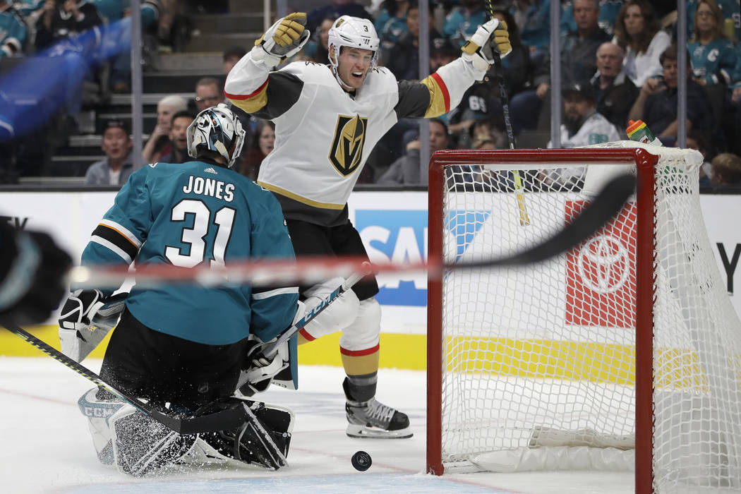 Vegas Golden Knights' Brayden McNabb (3) celebrates after scoring a goal against San Jose Shark ...