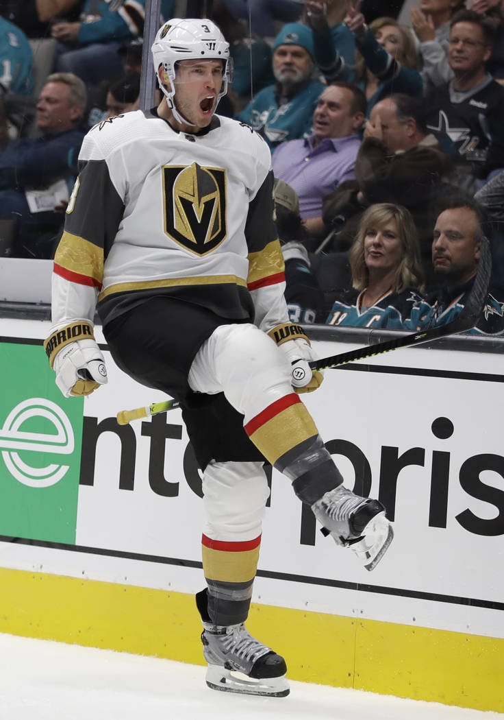 Vegas Golden Knights' Brayden McNabb celebrates after scoring a goal against the San Jose Shark ...