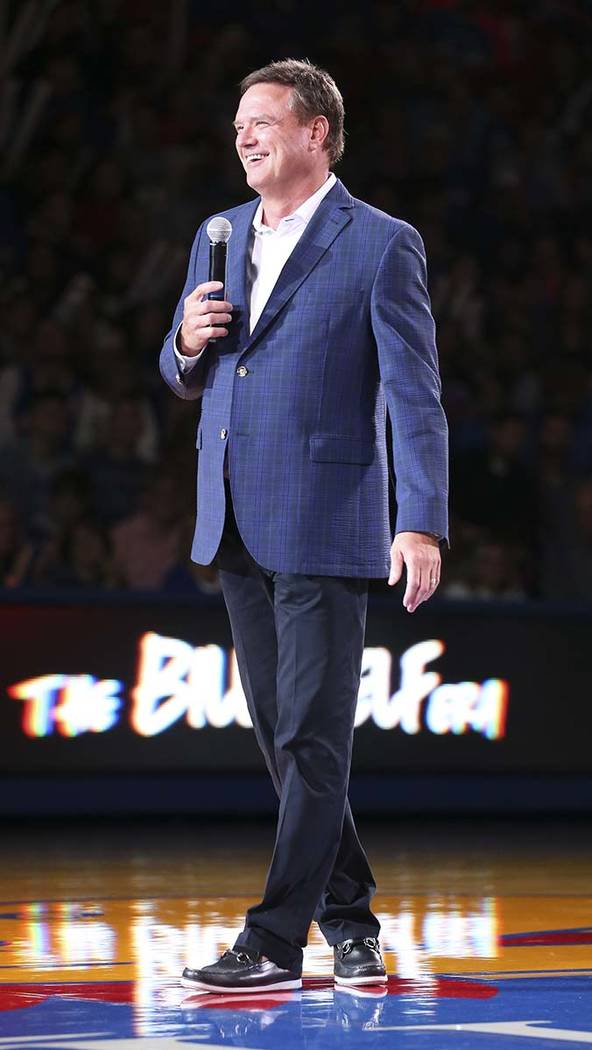 In this Friday, Oct. 4, 2019 photo, Kansas head coach Bill Self addresses the crowd during Late ...