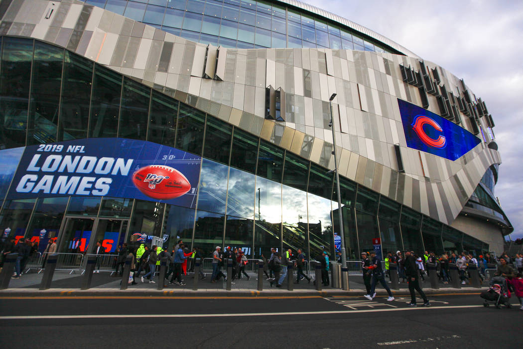 An overview of Tottenham Hotspur Stadium before the start of an NFL game between the Oakland Ra ...