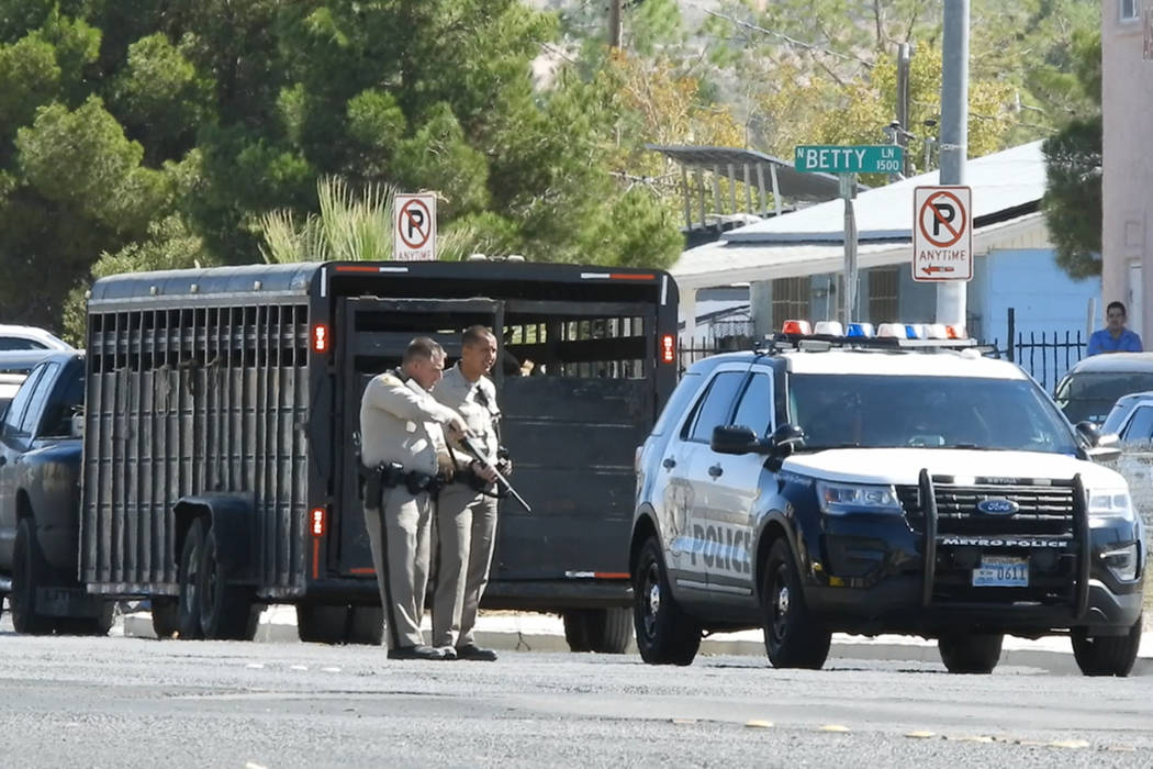 Police attempt to corral an escaped rodeo bull Sunday, Oct. 6, 2019, near Owens Avenue and Bett ...