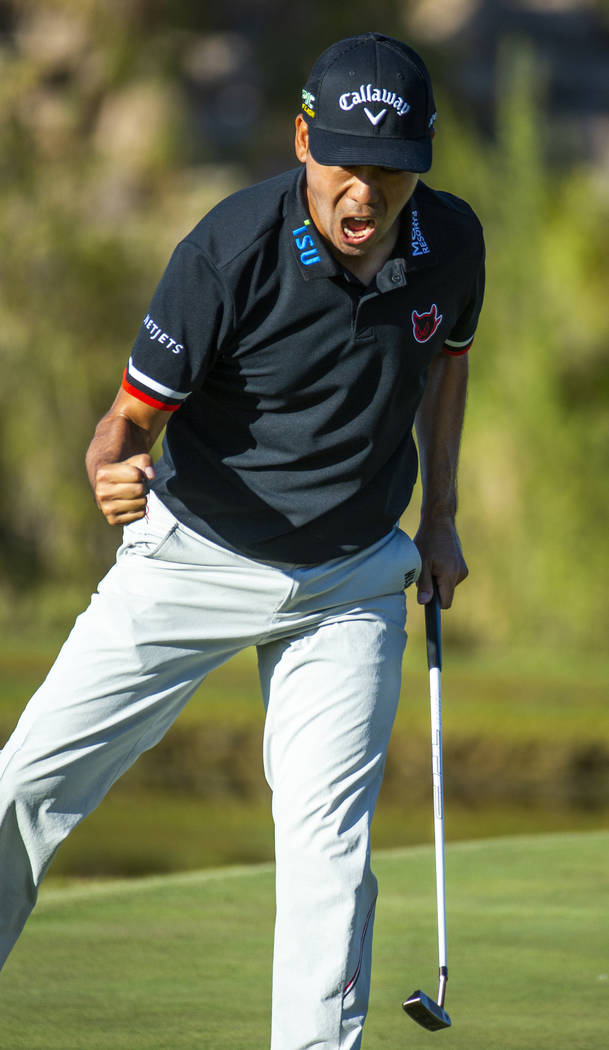 Kevin Na celebrates a birdie at hole 17 during the final round of Shriners Hospitals for Childr ...