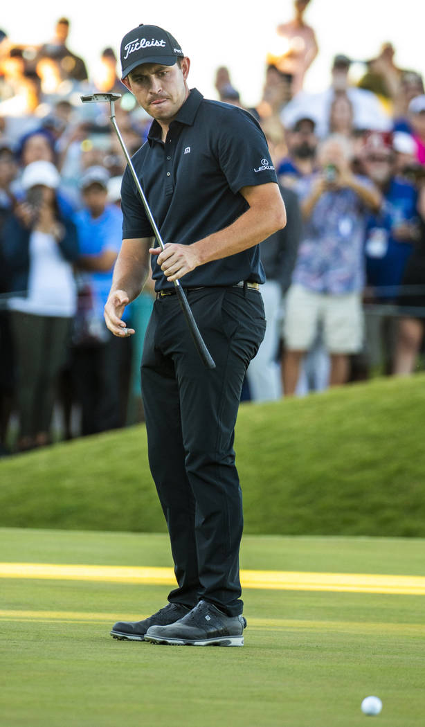 Patrick Cantlay looks down at a missed putt on the green at hole 18 during the final round of S ...