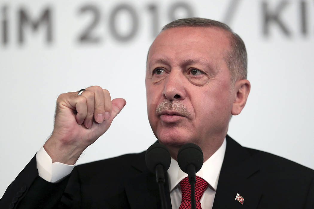 Turkey's President Recep Tayyip Erdogan, talks to to supporters during an event in Ankara, Turk ...