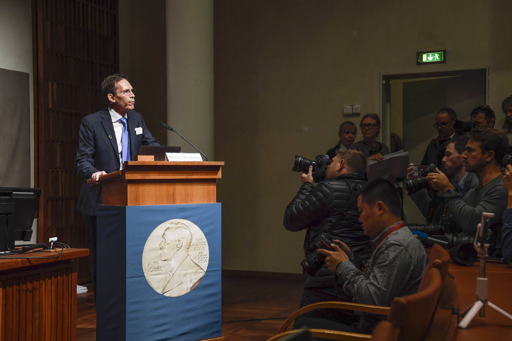 Thomas Perlmann, Secretary-General of the Nobel Committee, announces the 2019 Nobel laureates i ...