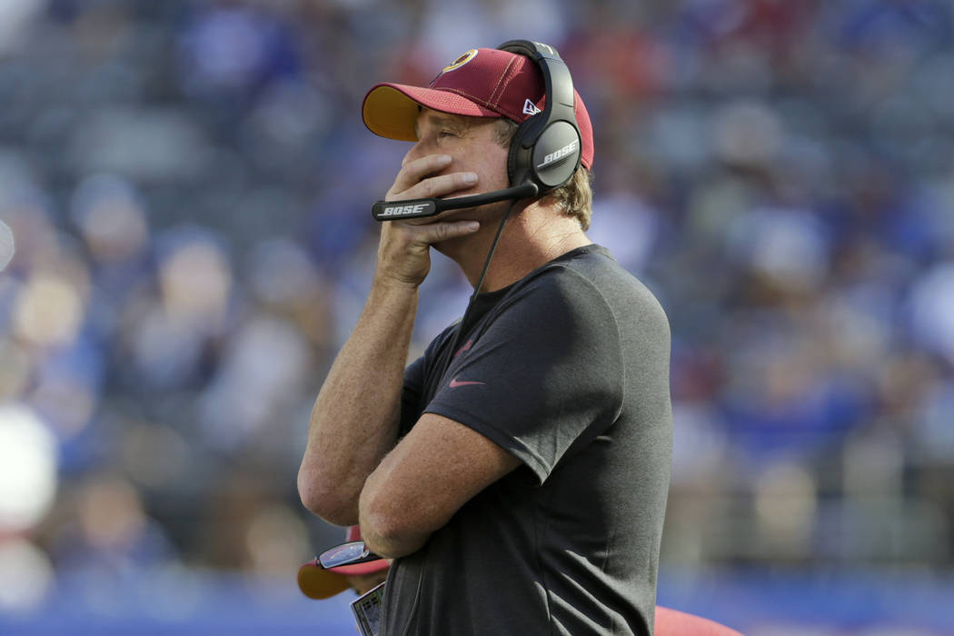 FILE - In this Sept. 29, 2019, file photo, Washington Redskins head coach Jay Gruden watches th ...