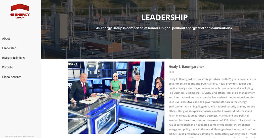 This screen shot from the 45 Energy Group website shows Healy Baumgardner, center, in a photo o ...
