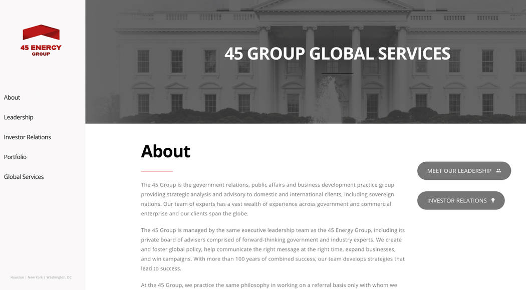 This screen shot from the 45 Energy Group website, shows their Global Services webpage. As part ...