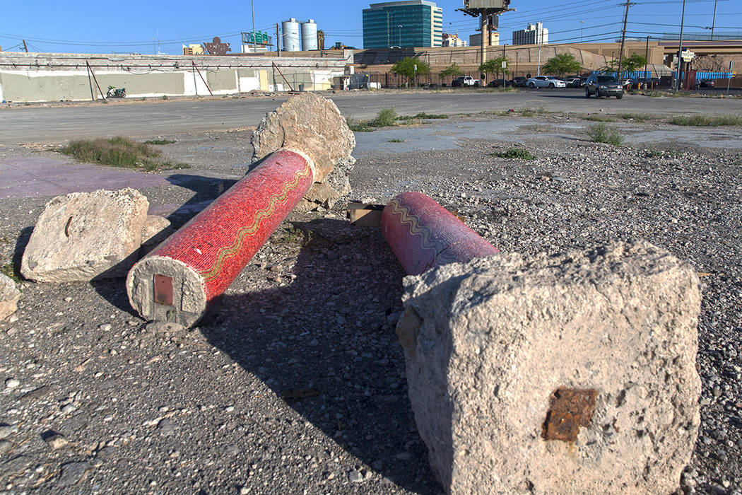 A trio of red mosaic columns are among the few relics left of the Moulin Rouge on Friday, April ...