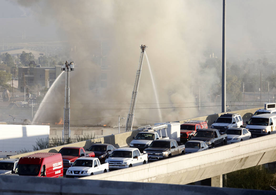 North Las Vegas firefighters battle a two-alarm blaze at 900 W. Bonanza Road, the old site of t ...