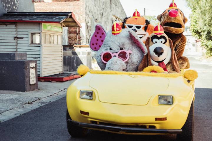 From left, Snorky, Bingo, Fleegle, Drooper in The Banana Splits Movie. (Marcos Cruz/Warner Bros ...