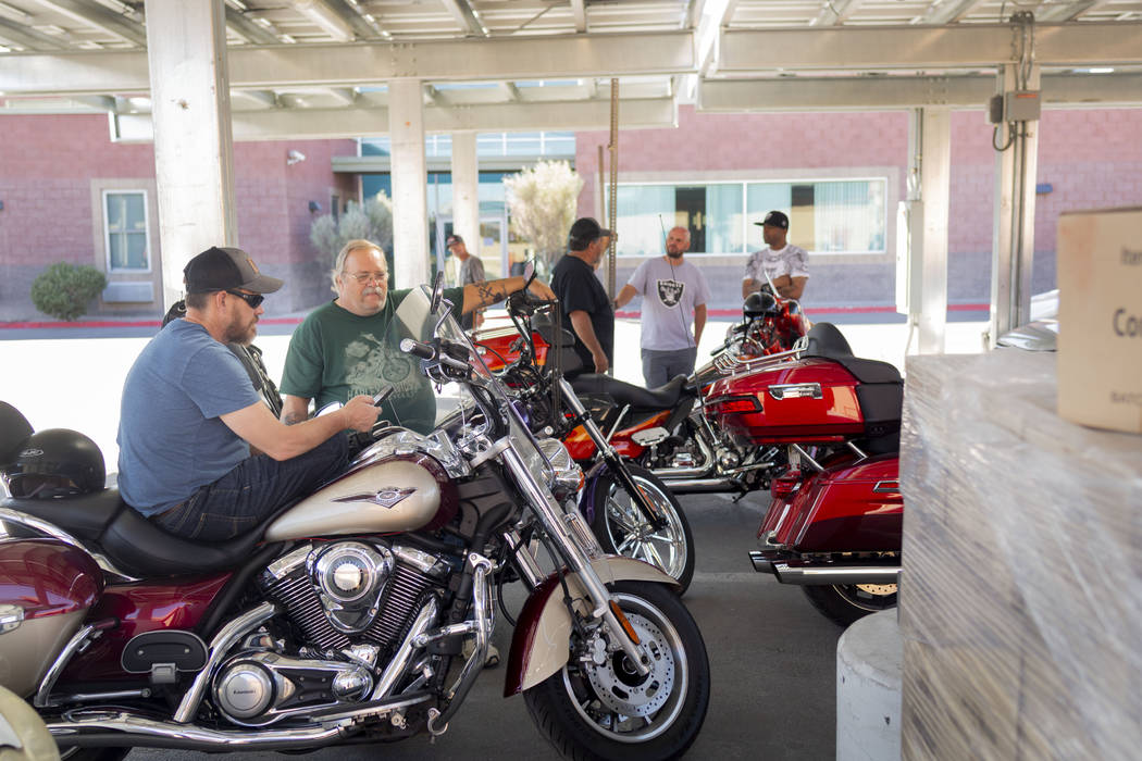 Rescue Rider's parked motorcycles after arriving at the Las Vegas Rescue Mission during a tour ...