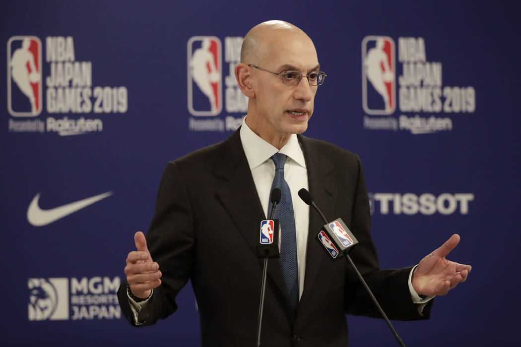 NBA Commissioner Adam Silver speaks at a news conference before an NBA preseason basketball gam ...